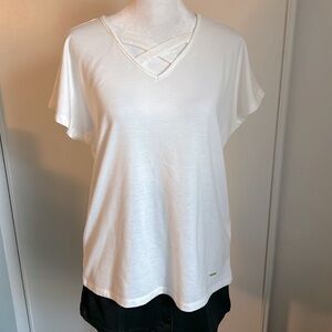 Nine West Women’s White Criss Cross Lightweight Sweatshirt Cap Short Sleeve Tee